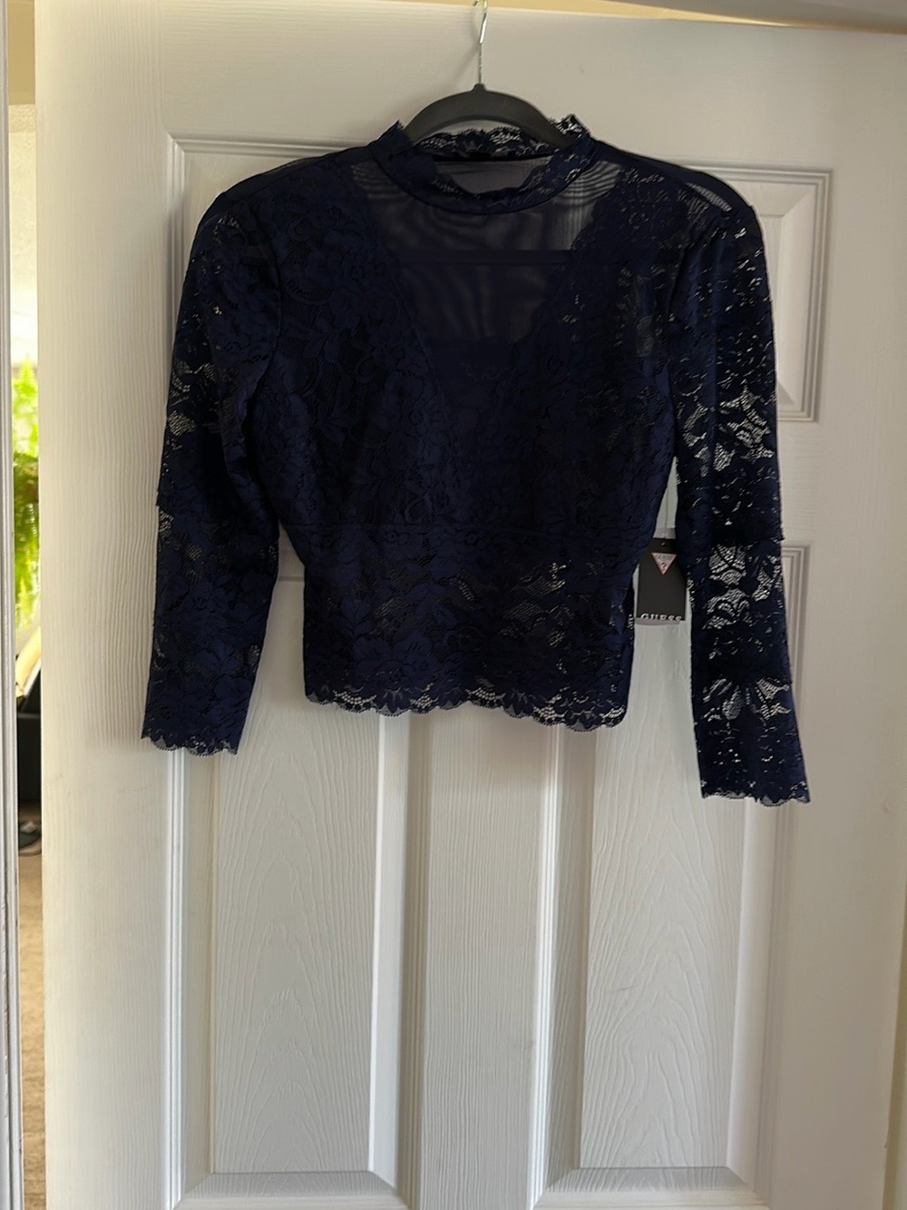 GUESS Navy Floral Lace Long-Sleeve Crop Top